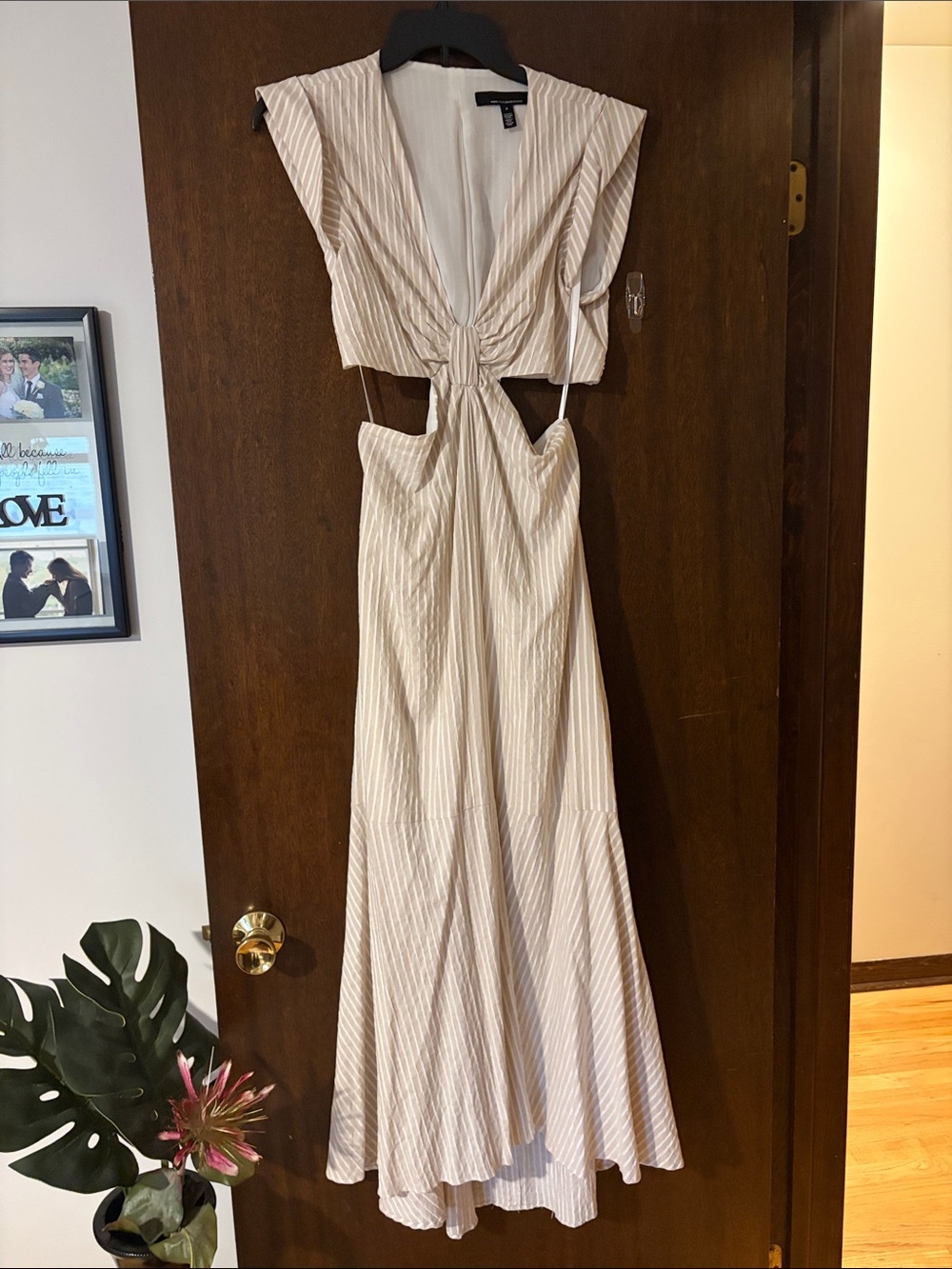 White House Black Market Cream and Beige Striped Cutout Maxi Dress